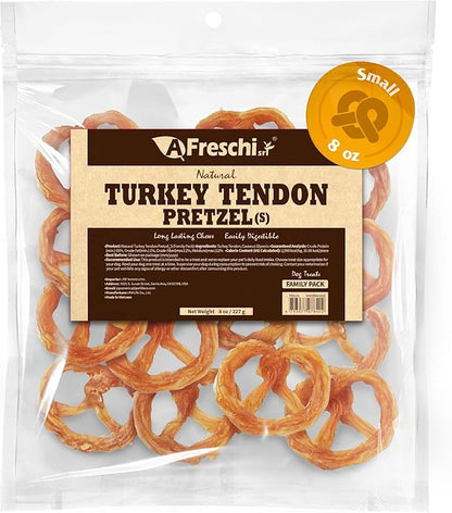 Afreschi Natural Turkey Tendon Pretzel (S) 8oz, Turkey Sourced from USA, All Natural Puppy Chew, Hypoallergenic, Rawhide Alternative, for Small Breeds