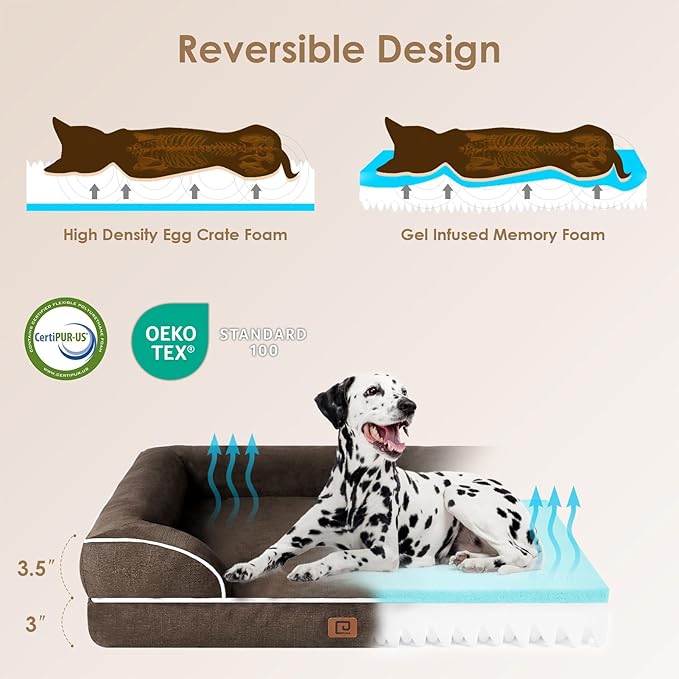 EHEYCIGA Orthopedic Dog Beds for Extra Large Dogs, Waterproof Memory Foam XL Dog Bed with Sides, Non-Slip Bottom and Egg-Crate Foam Big Dog Couch Bed with Washable Removable Cover, Brown