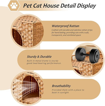 Cat Houses for Indoor Cats, Handwoven Rattan Cat Cave Pet Cube,Foldable Pet Cat House, Cat Beds with Double-Sided Mat, Hideaway, in Living Room Bedroom