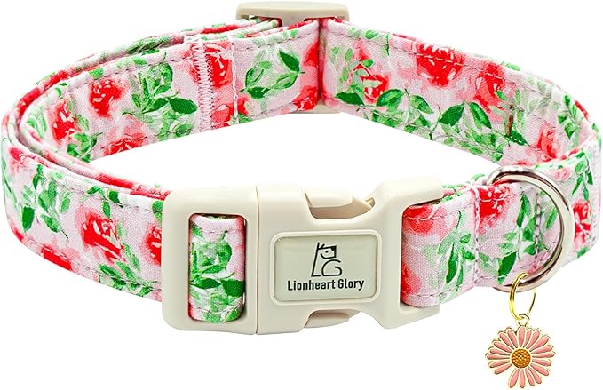 Lionheart glory Dog Collar Pink Flower Dogs Collar Summer Spring Cute Collars Dog Girl or Boy Soft Durable Adjustable Dog Collars for Medium Dogs Pet Gift