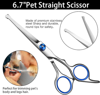 Dog Grooming Scissors with Safety Round Tip,Professional Dog Grooming Kit,Dog Hair Shears Set,Incude Thinning Curved_traight Scissors and Comb. Suitable for The Right Hand