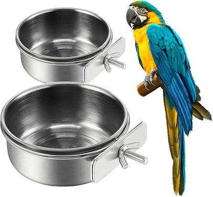 2Pcs Stainless Steel Bird Feeding Bowls, Small Bird Feeding Cup, Stainless Steel Parrot Food Bowl Cage with Holder, Parrot Cage Water Feeder, Pet Cage Cup Holder