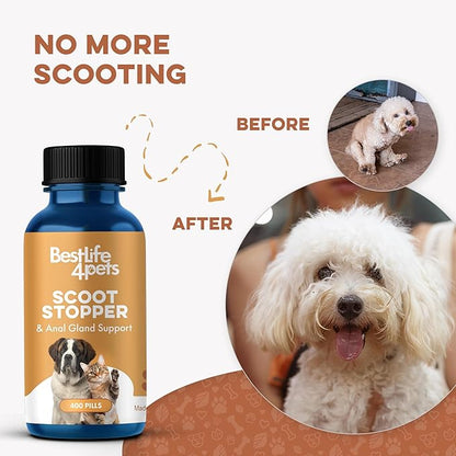Scoot Stopper for Dogs & Cats – Natural Anal Gland & Digestive Support Supplement for Scooting, Stool Consistency, Constipation, Indoor Accidents & Difficult Pooping – 400 Odorless Pills
