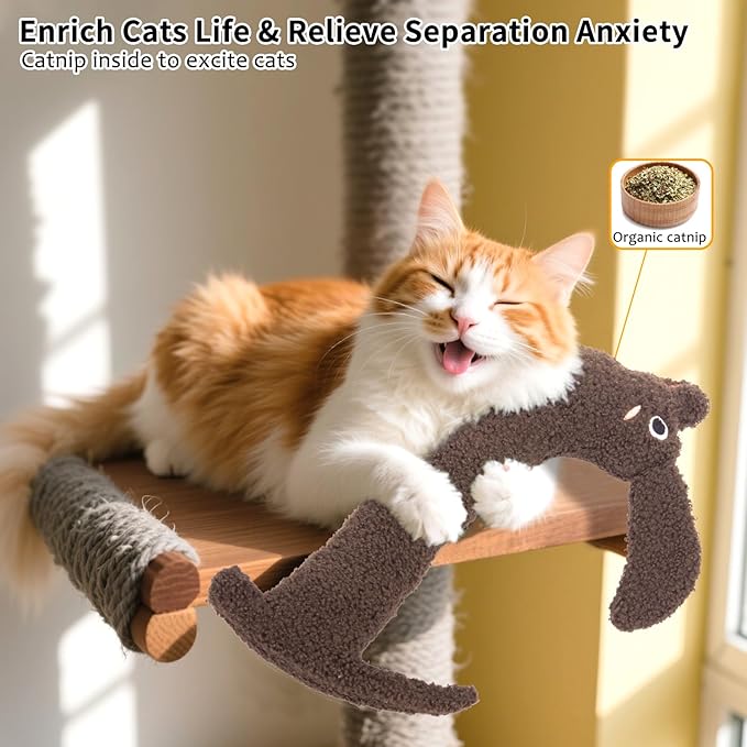 Cat Toy Kicker Pillow Large, Crinkle Sound Refillable Catnip Toy for Indoor Cats Kitten, Durable Plush Kitty Kicking Toy for Cat Chew Teeth Cleaning, Puppy Shape, Brown