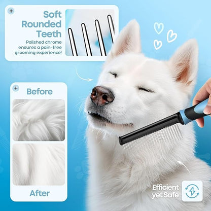 Flexzion Metal Pet Comb for Cats & Dogs - Sturdy Stainless Steel Rounded Teeth with Non-Slip Soft Grip Handle Easy to Use Grooming Detangling Cat Combs for Indoor Cats, Blue