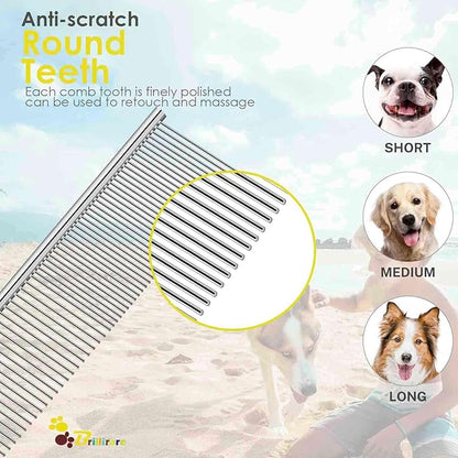 Dog Grooming Comb Pet, Stainless Steel Cat Combs with Rounded Teeth, Professional Metal Tear Stain Remover, Dematting Tool for Small, Medium & Large Pets-7.5in