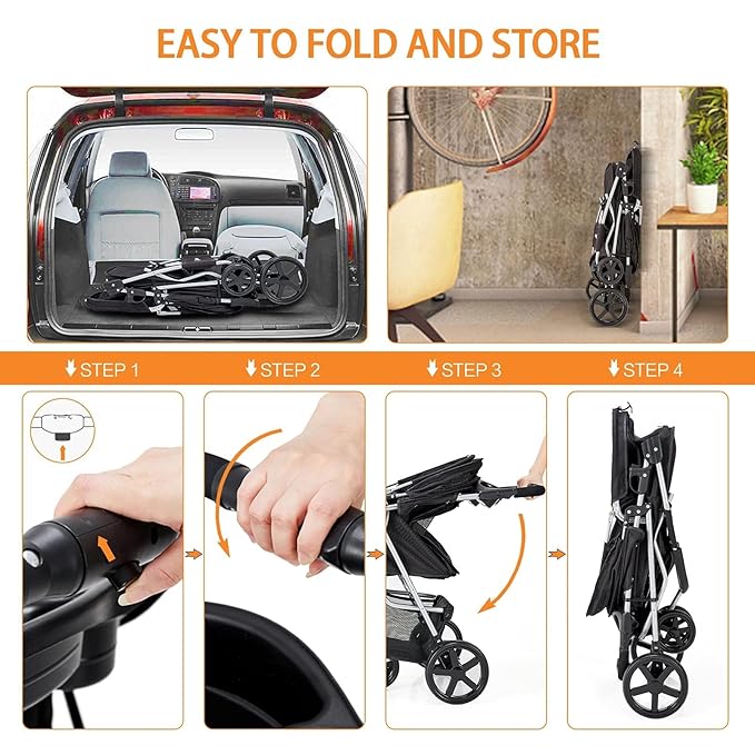 Pet Stroller, Cat Dog Stroller with Storage Basket Foldable Lightweight Dog Carrier Trolley Jogging Stroller, 3 Wheel, Balck