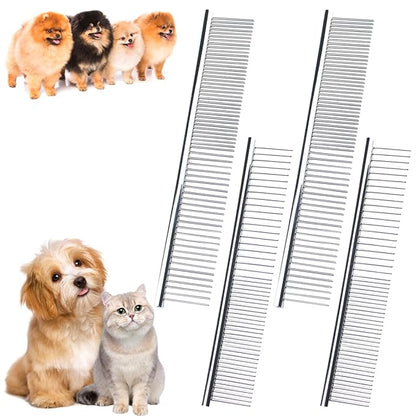 4 PCS Stainless-Steel Comb Dog Combs for Knots, Mats & Loose Hair Removal - Effective Dematting Tool, Comfortable, Lightweight, Portable & Safe for Dogs, Cats & Pets