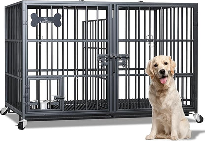 Dosker 42 inch Heavy Duty Metal Dog Crate Cage with Divider for 2 Dogs/Large Dog,All Metal Open Top Escape Proof Cage,Dog Kennel Indoor with Wheels,Floor Grid,Tray,Feeding Bowl