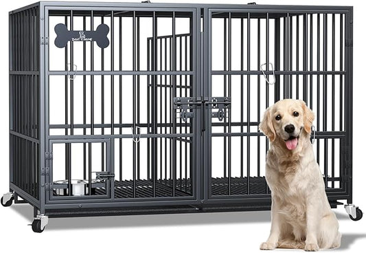 Dosker 42 inch Heavy Duty Metal Dog Crate Cage with Divider for 2 Dogs/Large Dog,All Metal Open Top Escape Proof Cage,Dog Kennel Indoor with Wheels,Floor Grid,Tray,Feeding Bowl