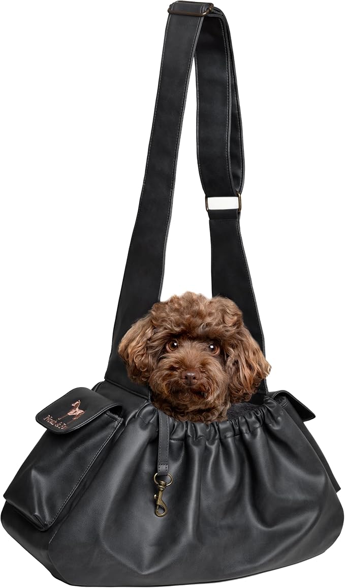 Noah & Paw Dog Sling Carrier for Small Dogs 5-18lb, Dog Sling for Small Dogs and Cats, Dog Carrier with Adjustable Padded Strap, Vegan Leather Lined with Fur, Double Safety Feature, Machine Washable