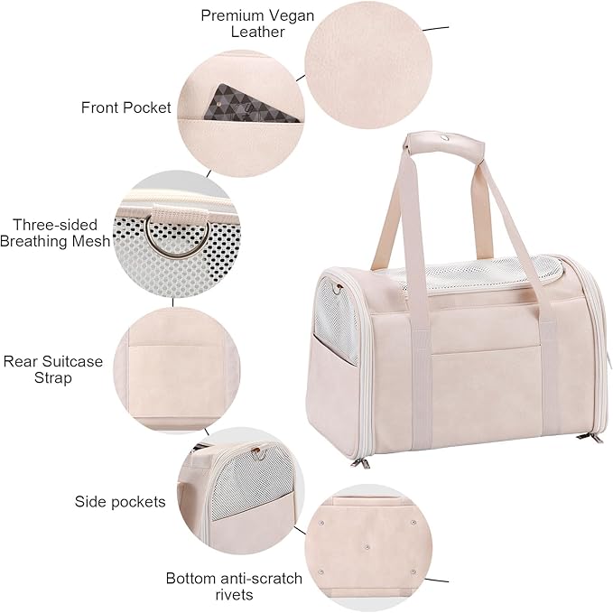 Fashion Leather Dog Carrier Cat Carrier Airline Approved Pet Carrier for Small Medium Dogs Cats Under 15Lbs, Collapsible Soft Sided Travel Puppy Carrier White