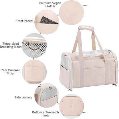 Fashion Leather Dog Carrier Cat Carrier Airline Approved Pet Carrier for Small Medium Dogs Cats Under 15Lbs, Collapsible Soft Sided Travel Puppy Carrier White
