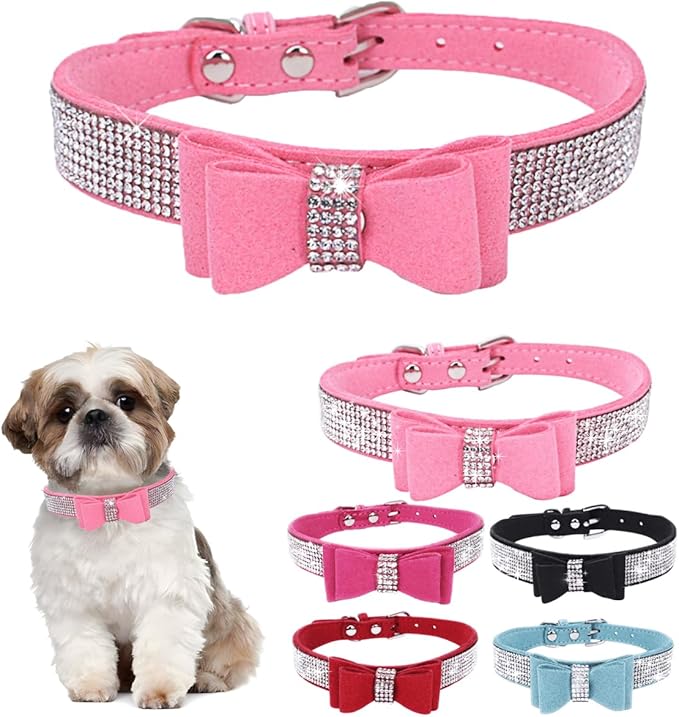 Rhinestone Dog Collars for Small Dogs, Female Diamond Dog Collar with Bowtie Crystal Jeweled Girl Cat Collar Sparkling Glitter for XXS XS Small Dogs,Pink,XXS