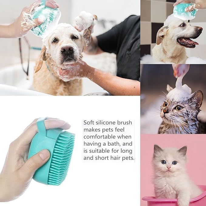 2Pcs Pet Bath Scrubber Brush, Dog Grooming Massage Shampoo Bath Brush with Soap and Shampoo Dispenser Soft Silicone Bristle for Long Short Haired Dogs Cats Shower (Blue&Pink)
