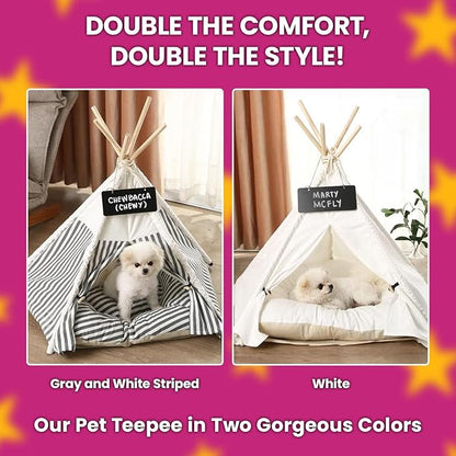 Cat Tent, Portable Dog Tent for Small Pets, Stylish Teepee Design, Cozy Hideaway Reduces Pet Stress, Easy Clean Canvas, Foldable Pet Bed - White, Portable