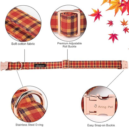 ARING PET Fall Dog Collar-Cotton Halloween Plaid Dog Collar with Bowtie, Adjustable Orange Halloween Dog Collars Pet Necklace with Metal Buckle for Girl&Boy Dogs