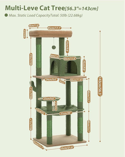 Cactus Cat Tree for Large Cats with Metal Plush Big Hammock, 56.3" Cat Tower for Indoor Cats with 2 Door Condo House, 6-Tier Cat Shelves with Scratching Posts and Large Top Perch,Green