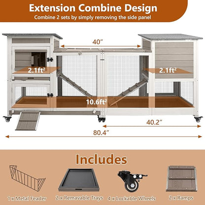 2 Story Rabbit Hutch Indoor with 2 Deeper Pull-Out Trays, Wooden Rabbit Cage with 4 Lockable Wheels, Ramp, Chew-Anti Metal Strip for Rabbit, Guinea Pig, Hamster(40.2" L X 23.2" W X 36.6" H)