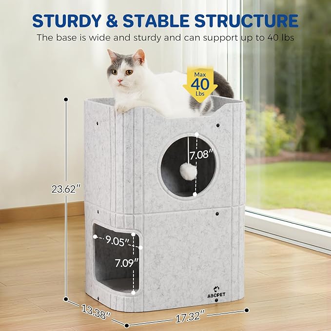 Cat House for Indoor Cats Large Cat Bed Cave 2-Storey Cats Condo with Cozy Felt Covered Hideaway for Multiple Pets Light Grey
