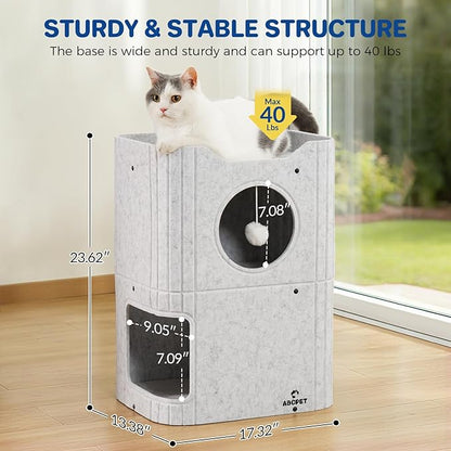 Cat House for Indoor Cats Large Cat Bed Cave 2-Storey Cats Condo with Cozy Felt Covered Hideaway for Multiple Pets Light Grey