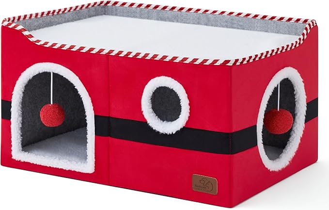 Bedsure Large Cat Beds for Indoor Cats - Extra Wide Cat Cube House for Small Pet with Fluffy Ball Hanging and Scratch Pad, Foldable Pet Cave Hideaway for Multiple Cats, 23.6x16.9x13 inches,Red
