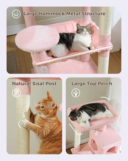Cat Tree for Large Cats Adult with Metal Plush Big Hammock, 56.3" Cat Tower with 2 Door Condo House, 6-Tier Cat Shelves with Scratching Posts and Large Top Perch, Light Pink