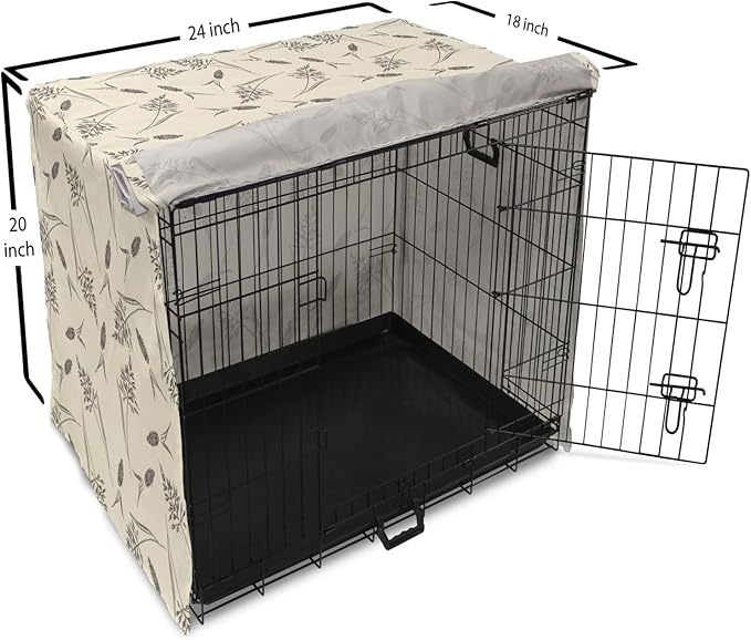 Ambesonne Boho Dog Crate Cover, Botanical Themed Delicate Pastel Pattern with Natural Field Herbs Print, Easy to Use Pet Kennel Cover for Cats & Medium Dogs, 24 Inch, Cream Charcoal