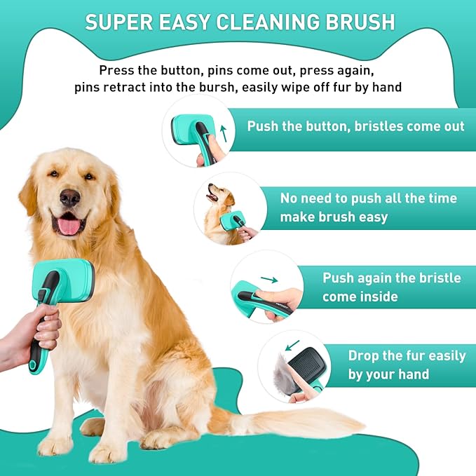 Dogs Self-Cleaning Slicker Brush for Shedding Long & Short Haired Cats, Safe Painless Bristles Removes Loose Undercoat, Tangled For All Size Pet, Grooming Set. Free Pet Comb + Nail Clippers