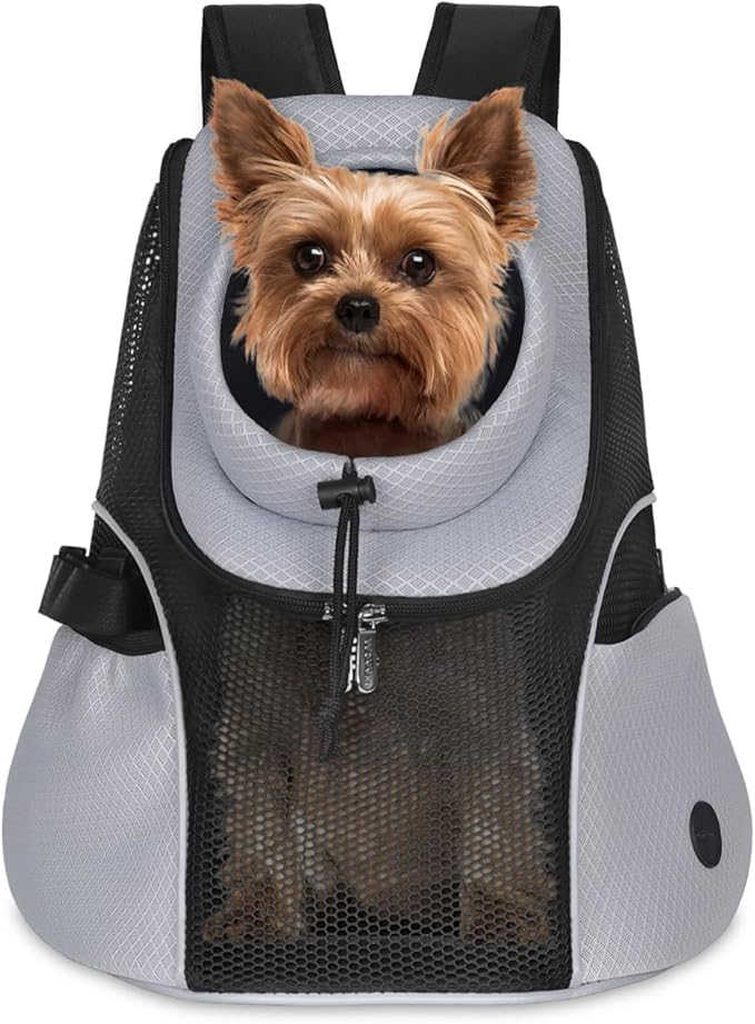 WOYYHO Pet Dog Carrier Backpack Small Dog Front Backpack Ventilated Mesh Dog Travel Back Pack with Safety Belt for Travel Hiking Cycling Outdoor Use (S (2-4.5 lbs), Grey)