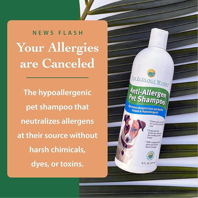 Anti-Allergen Pet Shampoo -Dog & Cat Dander Remover. Gentle Formula for Dry Sensitive Skin; Allergy Relief, The Ecology Works (32 Oz)