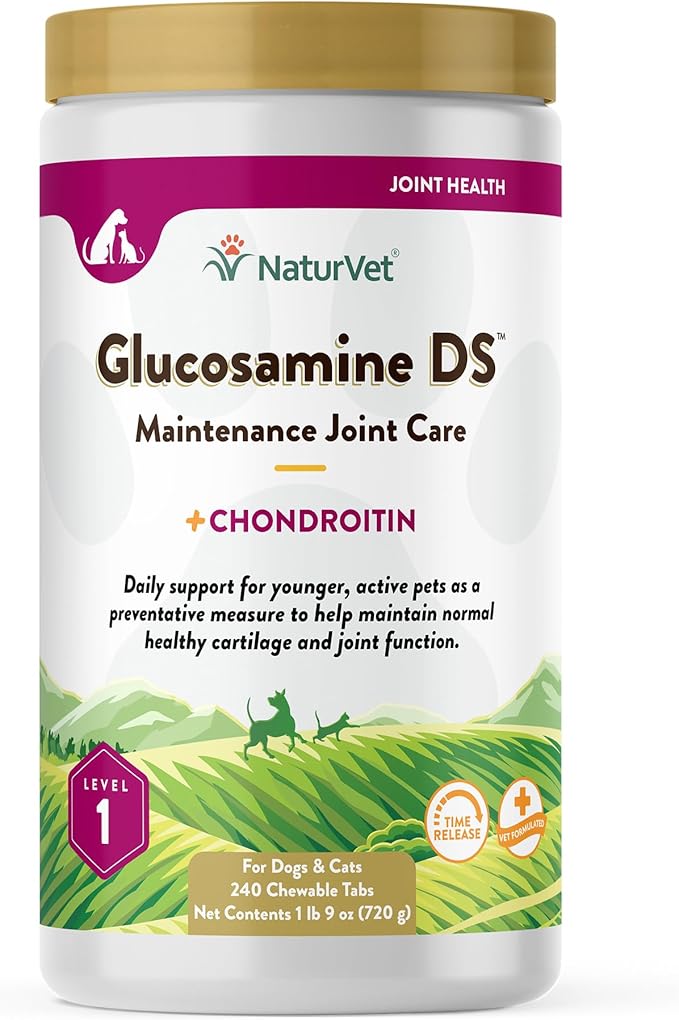 NaturVet  Glucosamine DS - Level 1 Maintenance Care | Preventative Care to Maintain Healthy Cartilage & Joint Function | Enhanced with Glucosamine & Chondroitin | for Dogs & Cats (240 Tablets)