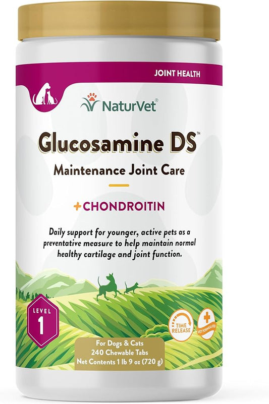 NaturVet  Glucosamine DS - Level 1 Maintenance Care | Preventative Care to Maintain Healthy Cartilage & Joint Function | Enhanced with Glucosamine & Chondroitin | for Dogs & Cats (240 Tablets)