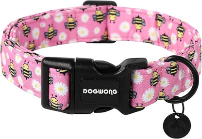 DOGWONG Pink Dog Collar, Female Dog Collar Durable Soft Natural Fabric Pet Girl Dog Collar Cute Daisy Puppy Necklace for Small Medium Large Dog