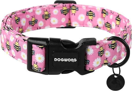 DOGWONG Pink Dog Collar, Female Dog Collar Durable Soft Natural Fabric Pet Girl Dog Collar Cute Daisy Puppy Necklace for Small Medium Large Dog