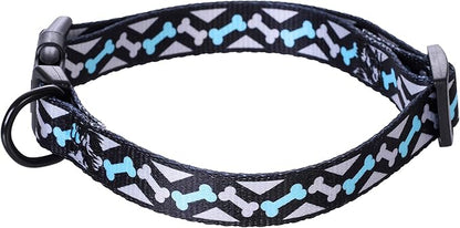Mile High Life Dog Collar | Cute Puppy Collars | Lightweight Girl Dog Collar | Soft Boy Dog Collars | w Paws Bones Mustache Pattern (Black,Large)