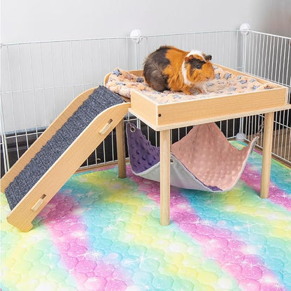 Enlarged Guinea Pig Hammock with Platform and Stairs,Wooden Small Animal Hideout for Guinea Pigs Bunny Ferret Hamster Hiding Sleeping Activities(Single)