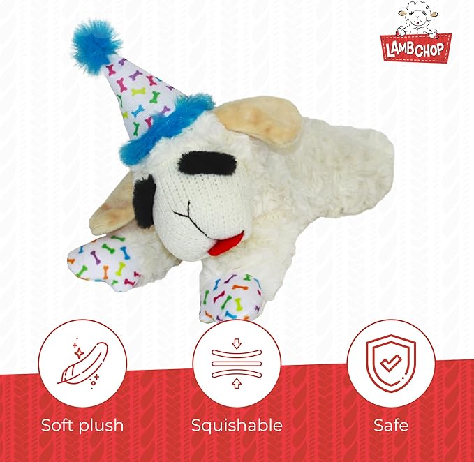 Multipet Lamb Chop Dog Plush Toy w/Birthday Hat - Squeaky Dog Toy for All Dogs - Soft Plush Dog Toy - Stuffed Animal Dog Toy for Playing - Cute Dog Birthday Toy (10.5”, Blue Hat, 5 Squeakers)