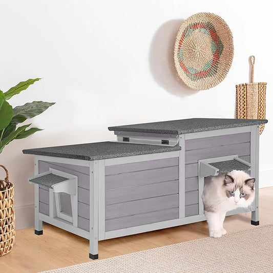 Aivituvin Outdoor Cat Houseï¼_ouble Rooms Waterproof Outside Feral Cat Shelter for Winter 100% Wood