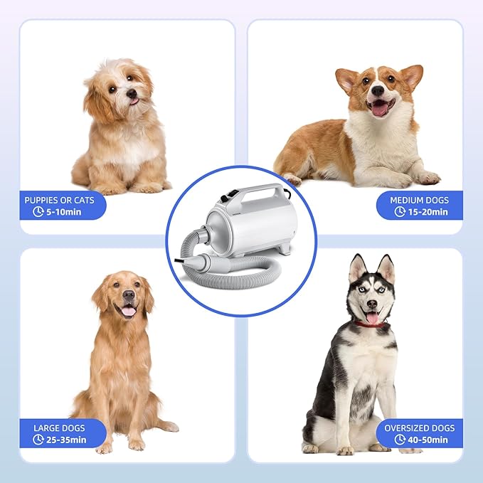 Entosun Dog Dryer, Pet Hair Dryer, 4.3hp/2800W Adjustable Speed and Temperature, High Velocity Dryer, Dog Blower Grooming Dryer with 4 Nozzles and Grooming Gloves (White)