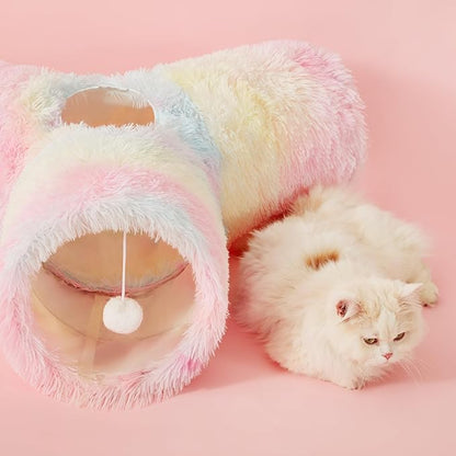 Tempcore Plush Pet Cat Tunnel Tube Cat Toys 3 Way Collapsible, Tunnels for Indoor Cats，Kitty Tunnel Bored Pet Toys Peek Hole Ball Puppy, Kitty, Kitten, Rabbit Rainbow