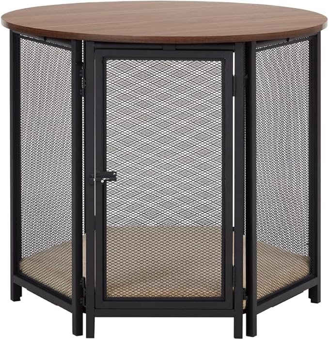 beeNbkks Hexagon Dog Crate Furniture for Small Dogs with Removable Cushion, Walnut Finish Pet Furniture, Stylish Functional Dog Crate End Table, Removable Washable Cushion Cover, Ideal for Home Décor