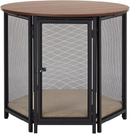 beeNbkks Hexagon Dog Crate Furniture for Small Dogs with Removable Cushion, Walnut Finish Pet Furniture, Stylish Functional Dog Crate End Table, Removable Washable Cushion Cover, Ideal for Home Décor