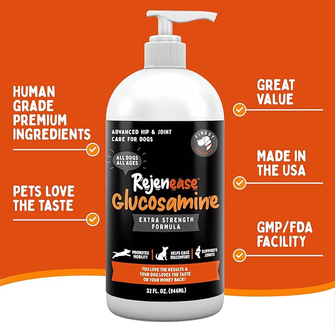 Rejenease Liquid Glucosamine for Dogs with Chondroitin, MSM & Hyaluronic Acid  Finest For Pets Hip & Joint Supplement for Dog Joint Support, Mobility, Stiffness & Pain Relief (32 oz, Made in USA)