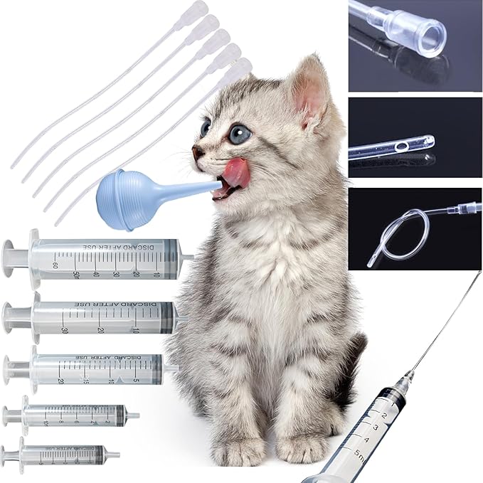 11 Pcs Puppy Kitten Feeding Tube Kit, Pet Feeding Supplies Kit Includes 5 Pcs Kitten Feeding Syringe 5 ML 10 ML 20 ML 30 ML 60 ML 5 Pcs 8 FR Transparently Feeding Tubes, Bulb Syringe for Small Animals