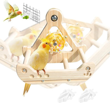 Bird Perch Toy, Interactive Rocking Parakeet Perch, Wooden Exercise Wheel for Cockatiels, Puzzle Enrichment Toy for Parrots, Bird Cage Accessories for Budgies & Conures(Pirate Ship)