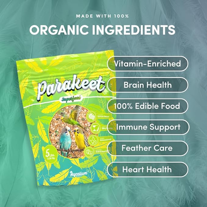 Mycelium Parakeet Superfood (5 LBS) | Organic Bird Seed for Parakeets & Small Pet Birds | Vitamin-Enhanced for Immunity, Brain & Heart Support | Non-GMO, Clean Ingredients, Made in USA