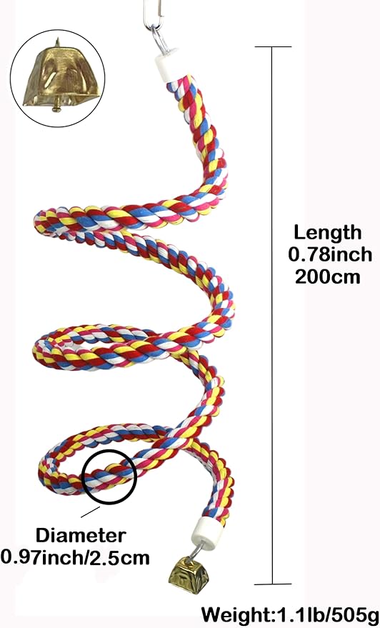 2PCSx 79inch(200cm) Bird Spiral Rope with Golden Bell Perches Birdcage Swing Toys 100% Cotton Natural Bird Perch Peck/Chewing Climbing Standing Bungee Parrot Toys for Regular to Large Size Parrot