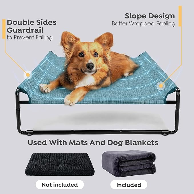Veehoo Large Elevated Dog Bed with Flannel Dog Blanket, Outdoor Guardrail Raised Pet Cot for Extra Large Dogs, Anti-Slip Camping Dog Hammock Bed, Breathable Teslin Mesh Fabric, XXL, CWC2201B