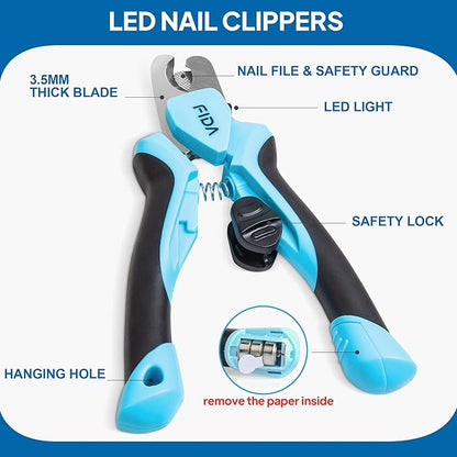 Fida Dog Nail Clippers with LED Light, Dog &Cat Nail Trimmer with Safety Guard & Nail File, Razor Sharp Blades, Pet Nail Trimmer/Clipper with Comfortable Ergonomic Handle (Batteries-Included)